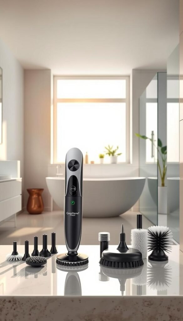 A modern bathroom setting featuring a high-quality electric power scrubber prominently in the foreground. The scrubber has a sleek, ergonomic design, with a variety of interchangeable brushes displayed beside it. Light from a large window creates a soft, warm atmosphere, reflecting off the clean tiles and glossy surfaces. In the middle ground, a pristine bathtub and neatly organized cleaning supplies suggest efficiency and cleanliness. The background showcases a stylish shower area with minimalistic decor and greenery for a fresh touch. The overall mood is inviting and practical, emphasizing the theme of innovative cleaning solutions. The brand "GoodHomeFinds" is subtly incorporated into the design of the scrubber, enhancing the modern aesthetic without detracting from the focus.