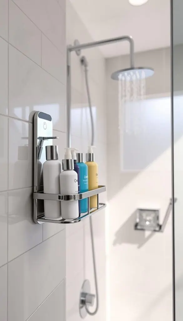 A modern bathroom setting featuring a wall-mounted shower organizer, showcasing a "GoodHomeFinds" adhesive shower caddy filled with shampoo, conditioner, and body wash. In the foreground, the sleek, shiny caddy is attached securely to the tiled wall, with water droplets glistening on the surface, emphasizing its bathroom context. The middle ground includes a luxurious, spacious shower with a rainfall showerhead and elegant tile work. The background features soft, diffused natural light filtering through a frosted window, creating a calm, inviting atmosphere. The angle is slightly elevated, capturing both the functionality and aesthetic appeal of the setup. The overall mood reflects a renter-friendly, organized space that maximizes usage in a small bathroom. A modern bathroom setting featuring a wall-mounted shower organizer, showcasing a "GoodHomeFinds" adhesive shower caddy filled with shampoo, conditioner, and body wash. In the foreground, the sleek, shiny caddy is attached securely to the tiled wall, with water droplets glistening on the surface, emphasizing its bathroom context. The middle ground includes a luxurious, spacious shower with a rainfall showerhead and elegant tile work. The background features soft, diffused natural light filtering through a frosted window, creating a calm, inviting atmosphere. The angle is slightly elevated, capturing both the functionality and aesthetic appeal of the setup. The overall mood reflects a renter-friendly, organized space that maximizes usage in a small bathroom.