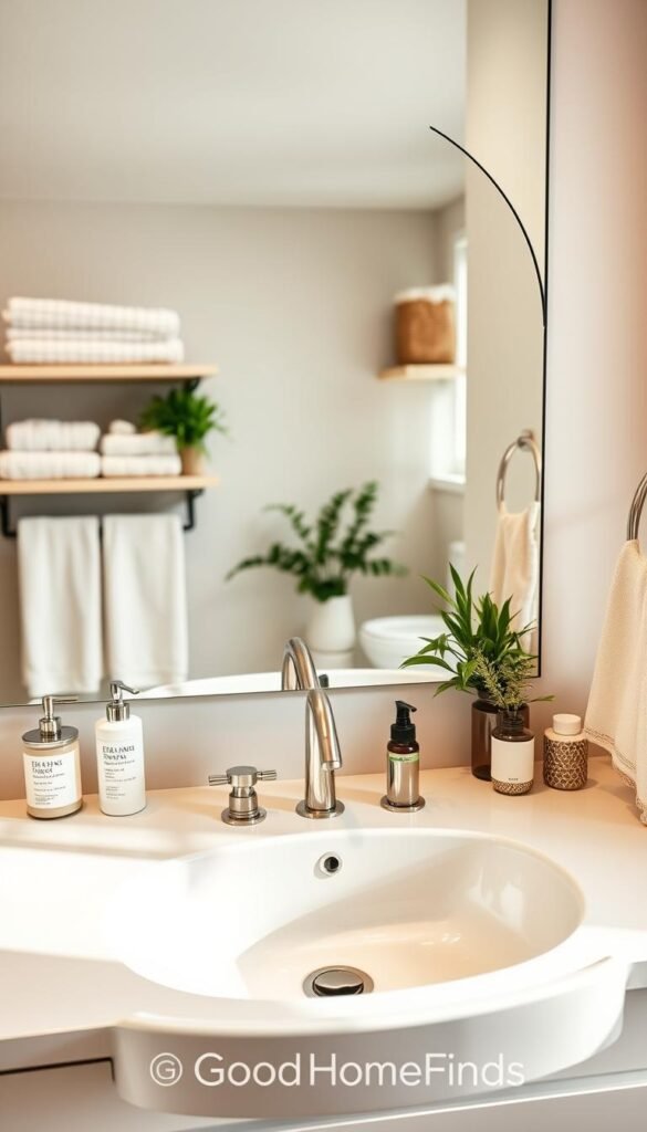 A modern bathroom sink area reset, featuring a sleek, minimalistic design with a beautifully organized countertop. In the foreground, a pristine white sink with elegant faucets, surrounded by neatly arranged eco-friendly toiletries in stylish containers. In the middle ground, an elegant mirror reflecting natural light, with soft greenery and calming decor. The background showcases a tidy arrangement of floating shelves containing neatly stacked towels and baskets, all in gentle neutral tones. Warm, diffused lighting creates a cozy and inviting atmosphere, emphasizing cleanliness and organization. Captured with a slight overhead angle to highlight the sink's functionality and aesthetic appeal. The scene embodies a serene, Pinterest-style lifestyle photo, branded subtly with "GoodHomeFinds". A modern bathroom sink area reset, featuring a sleek, minimalistic design with a beautifully organized countertop. In the foreground, a pristine white sink with elegant faucets, surrounded by neatly arranged eco-friendly toiletries in stylish containers. In the middle ground, an elegant mirror reflecting natural light, with soft greenery and calming decor. The background showcases a tidy arrangement of floating shelves containing neatly stacked towels and baskets, all in gentle neutral tones. Warm, diffused lighting creates a cozy and inviting atmosphere, emphasizing cleanliness and organization. Captured with a slight overhead angle to highlight the sink's functionality and aesthetic appeal. The scene embodies a serene, Pinterest-style lifestyle photo, branded subtly with "GoodHomeFinds".