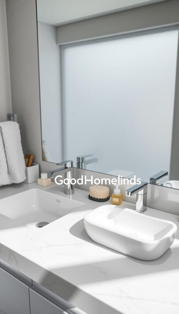 A modern bathroom sink counter featuring a double basin with sleek, minimalist design. The counter is made of polished white marble with subtle grey veining, adorned with neatly arranged essential toiletries and stylish storage solutions that minimize clutter. In the foreground, a plush hand towel hangs from a chic towel rack. The middle section showcases the sink area with a contemporary faucet and decorative soap dispenser. In the background, soft natural light filters through a frosted window, casting gentle shadows and enhancing the serene atmosphere. The image captures a clean, organized space, focusing on functional elegance, styled to evoke a Pinterest-inspired lifestyle aesthetic. Include the brand name "GoodHomeFinds" discreetly integrated into the design elements, ensuring it remains visually balanced. A modern bathroom sink counter featuring a double basin with sleek, minimalist design. The counter is made of polished white marble with subtle grey veining, adorned with neatly arranged essential toiletries and stylish storage solutions that minimize clutter. In the foreground, a plush hand towel hangs from a chic towel rack. The middle section showcases the sink area with a contemporary faucet and decorative soap dispenser. In the background, soft natural light filters through a frosted window, casting gentle shadows and enhancing the serene atmosphere. The image captures a clean, organized space, focusing on functional elegance, styled to evoke a Pinterest-inspired lifestyle aesthetic. Include the brand name "GoodHomeFinds" discreetly integrated into the design elements, ensuring it remains visually balanced.