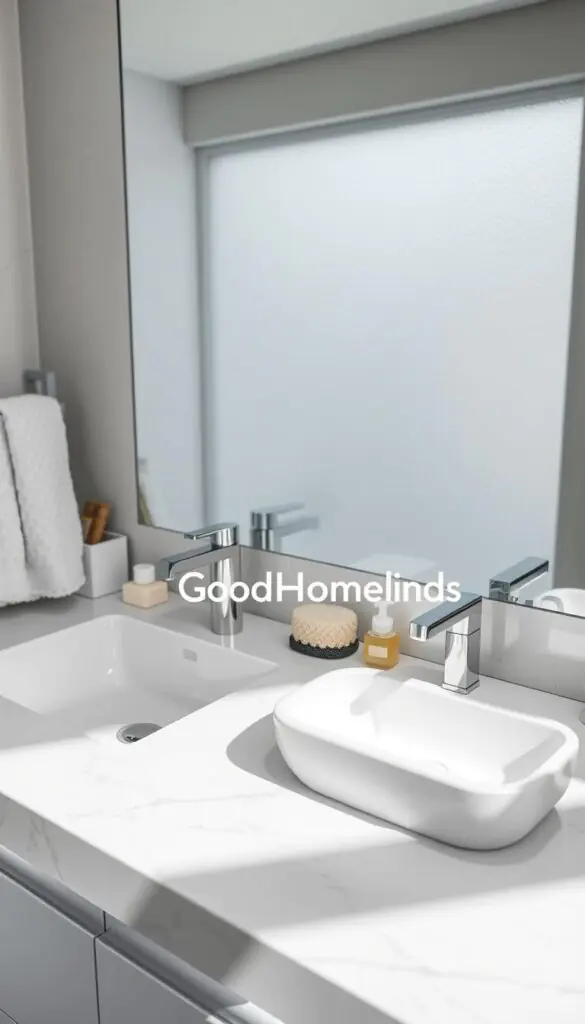 A modern bathroom sink counter featuring a double basin with sleek, minimalist design. The counter is made of polished white marble with subtle grey veining, adorned with neatly arranged essential toiletries and stylish storage solutions that minimize clutter. In the foreground, a plush hand towel hangs from a chic towel rack. The middle section showcases the sink area with a contemporary faucet and decorative soap dispenser. In the background, soft natural light filters through a frosted window, casting gentle shadows and enhancing the serene atmosphere. The image captures a clean, organized space, focusing on functional elegance, styled to evoke a Pinterest-inspired lifestyle aesthetic. Include the brand name "GoodHomeFinds" discreetly integrated into the design elements, ensuring it remains visually balanced.