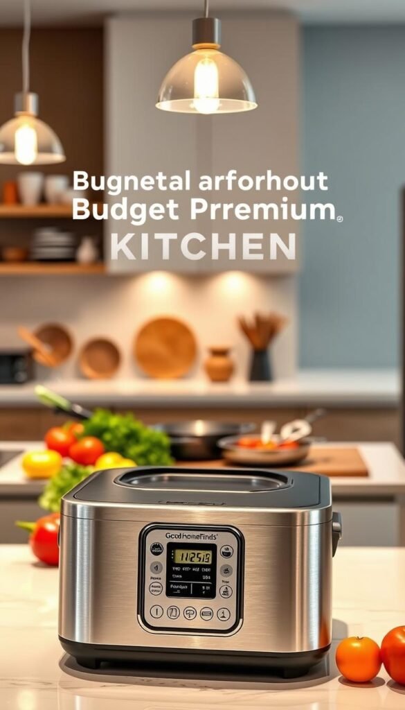 A modern, budget premium kitchen device prominently placed in a sleek, well-lit kitchen environment. In the foreground, the device, featuring a stainless steel finish with user-friendly controls, is showcased on an elegant countertop adorned with fresh vegetables and cooking utensils. In the middle ground, subtle hints of a kitchen with wooden cabinetry and stylish cookware are visible, creating a warm and inviting atmosphere. The background displays cozy, ambient pendant lighting illuminating the space, enhancing the feeling of a practical yet sophisticated cooking area. The overall mood conveys functionality blended with modern design, emphasizing affordability without sacrificing style. The image prominently features the &ldquo;GoodHomeFinds&rdquo; brand logo, seamlessly integrated into the design of the device.
