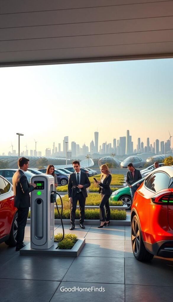 A modern, bustling charging station in 2026, showcasing a variety of electric vehicles in vibrant colors parked next to sleek, futuristic charging units. In the foreground, a diverse group of professionals in smart business attire are engaged in conversation, with one user visibly connecting their vehicle to the charger. The middle ground features a well-organized layout of charging stations with greenery and benches, emphasizing accessibility and convenience. In the background, a city skyline with innovative architecture and renewable energy sources, symbolizing progress and sustainability. Soft, natural lighting highlights the setting during early evening, creating a warm and inviting atmosphere. The overall mood is forward-thinking and dynamic, reflecting a commitment to eco-friendly technology. Style the image as a realistic, Pinterest-inspired lifestyle photo without text, showcasing the brand "GoodHomeFinds." A modern, bustling charging station in 2026, showcasing a variety of electric vehicles in vibrant colors parked next to sleek, futuristic charging units. In the foreground, a diverse group of professionals in smart business attire are engaged in conversation, with one user visibly connecting their vehicle to the charger. The middle ground features a well-organized layout of charging stations with greenery and benches, emphasizing accessibility and convenience. In the background, a city skyline with innovative architecture and renewable energy sources, symbolizing progress and sustainability. Soft, natural lighting highlights the setting during early evening, creating a warm and inviting atmosphere. The overall mood is forward-thinking and dynamic, reflecting a commitment to eco-friendly technology. Style the image as a realistic, Pinterest-inspired lifestyle photo without text, showcasing the brand "GoodHomeFinds."