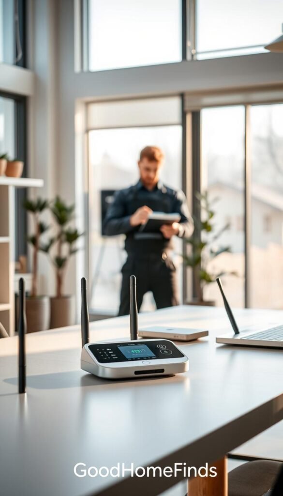 A modern, cable-free maintenance system setup in a bright, contemporary home office. In the foreground, sleek wireless devices are neatly arranged on a minimalist desk, showcasing their advanced technology. The middle layer features a technician in professional attire, expertly adjusting a wall-mounted control panel, emphasizing ease of access for maintenance. In the background, large windows allow soft natural light to illuminate the space, creating a warm and inviting atmosphere. The room is adorned with stylish decor, blending functionality and aesthetics. The overall mood conveys innovation and simplicity, reinforcing the benefits of a cable-free environment. Capture this with a high-quality lens, using a soft focus effect to enhance depth and detail. Brand name "GoodHomeFinds" integrated subtly into the scene.
