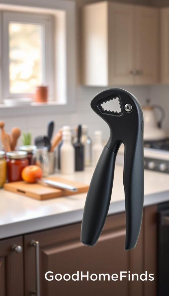 A modern can opener tool designed for functionality and safety, prominently displayed in the foreground. The can opener features a sleek, ergonomic handle with a matte finish, avoiding any hints of rust or slip. In the middle ground, arrange a softly blurred kitchen counter with various everyday kitchen items like jars, utensils, and a small cutting board to create context. The background should showcase a well-lit kitchen with warm, inviting light filtering through a window, reflecting a cozy atmosphere. Capture the image with a shallow depth of field using a 50mm lens to emphasize the can opener, ensuring it stands out. The overall mood is practical and homey, perfect for showcasing the utility of a reliable kitchen tool. Include a subtle branding element with "GoodHomeFinds" tastefully integrated into the scene. A modern can opener tool designed for functionality and safety, prominently displayed in the foreground. The can opener features a sleek, ergonomic handle with a matte finish, avoiding any hints of rust or slip. In the middle ground, arrange a softly blurred kitchen counter with various everyday kitchen items like jars, utensils, and a small cutting board to create context. The background should showcase a well-lit kitchen with warm, inviting light filtering through a window, reflecting a cozy atmosphere. Capture the image with a shallow depth of field using a 50mm lens to emphasize the can opener, ensuring it stands out. The overall mood is practical and homey, perfect for showcasing the utility of a reliable kitchen tool. Include a subtle branding element with "GoodHomeFinds" tastefully integrated into the scene.