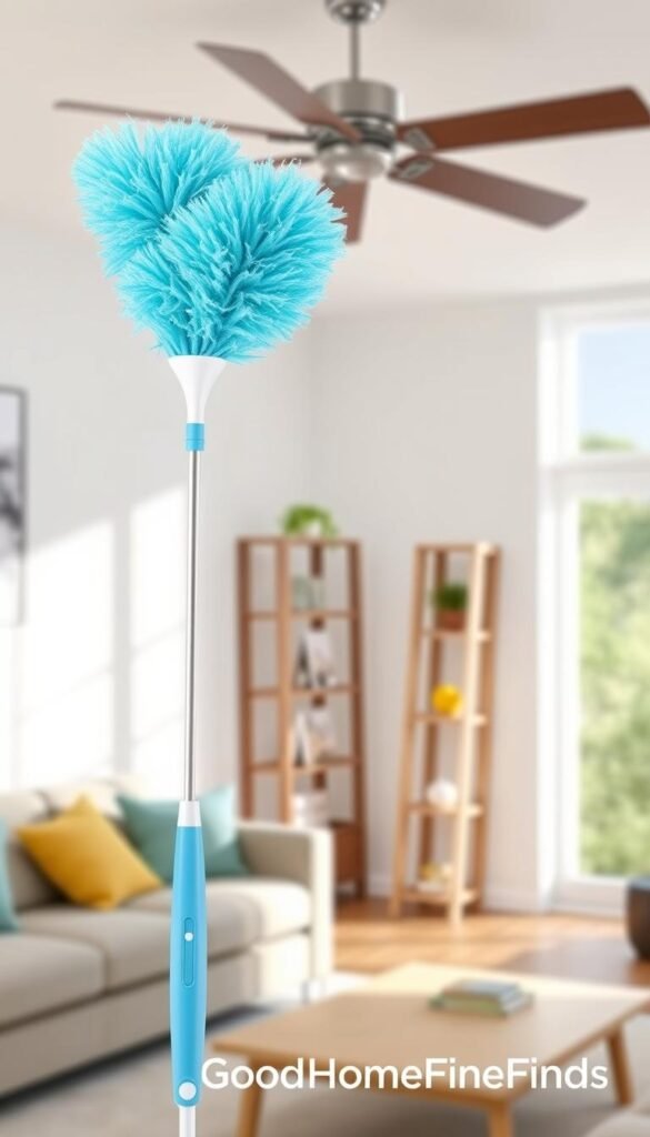 A modern ceiling fan duster with microfiber cleaning cloth, featuring an extendable pole, is elegantly displayed in a well-lit living room. The foreground showcases the duster against a clean, stylish wall, emphasizing its sleek design and bright colors&mdash;soft blues and whites. In the middle, the extendable pole is partially extended, demonstrating its versatility for reaching high surfaces like ceiling fans and tall shelves. The background features a cozy setting with a subtly blurred view of a well-decorated room, including a tall shelf and a ceiling fan, creating an inviting atmosphere. Natural light streams in through a nearby window, enhancing the image with a fresh, airy feel. This appealing scene, branded with "GoodHomeFinds," captures the essence of efficient home cleaning tools.
