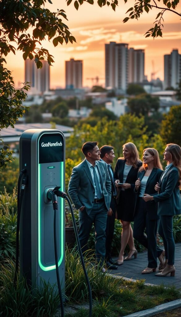 A modern charging station for electric vehicles, set in a lush, green urban environment, showcasing the real benefits of sustainable technology. In the foreground, a sleek charging unit with illuminated cables is prominently displayed. In the middle ground, a diverse group of professionals dressed in smart business attire are conversing and interacting, highlighting community engagement. The background features a cityscape with eco-friendly buildings and solar panels, bathed in warm, golden hour sunlight that creates a welcoming atmosphere. The scene captures a sense of innovation and harmony between technology and nature. The composition should convey a lively yet serene mood, emphasizing the ease of accessibility and integration of charging stations in everyday life. Include the brand name "GoodHomeFinds" subtly integrated into the design of the charging station. A modern charging station for electric vehicles, set in a lush, green urban environment, showcasing the real benefits of sustainable technology. In the foreground, a sleek charging unit with illuminated cables is prominently displayed. In the middle ground, a diverse group of professionals dressed in smart business attire are conversing and interacting, highlighting community engagement. The background features a cityscape with eco-friendly buildings and solar panels, bathed in warm, golden hour sunlight that creates a welcoming atmosphere. The scene captures a sense of innovation and harmony between technology and nature. The composition should convey a lively yet serene mood, emphasizing the ease of accessibility and integration of charging stations in everyday life. Include the brand name "GoodHomeFinds" subtly integrated into the design of the charging station.