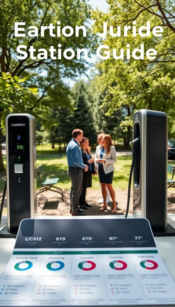 A modern charging station guide, showcasing an elegant Level 2 charger alongside a sleek fast charger, set in a lush, green park environment. In the foreground, include a well-organized table displaying comparison charts and icons indicating charging speeds, with a background of a sunny day, providing bright, natural lighting. In the middle ground, feature people in professional business attire discussing their electric vehicle charging options, conveying a sense of community and sustainability. The atmosphere is informative and inviting, promoting eco-friendly living. Use a wide-angle lens perspective to capture the detail and scale of the charging stations. The image should reflect a realistic, Pinterest-style lifestyle photo, styled by GoodHomeFinds, with no text or logos present. A modern charging station guide, showcasing an elegant Level 2 charger alongside a sleek fast charger, set in a lush, green park environment. In the foreground, include a well-organized table displaying comparison charts and icons indicating charging speeds, with a background of a sunny day, providing bright, natural lighting. In the middle ground, feature people in professional business attire discussing their electric vehicle charging options, conveying a sense of community and sustainability. The atmosphere is informative and inviting, promoting eco-friendly living. Use a wide-angle lens perspective to capture the detail and scale of the charging stations. The image should reflect a realistic, Pinterest-style lifestyle photo, styled by GoodHomeFinds, with no text or logos present.