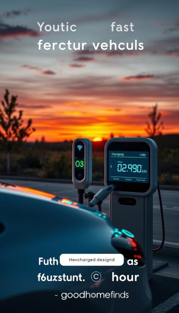 A modern charging station in a clean, serene outdoor setting at dusk, with warm, ambient lighting illuminating the scene. In the foreground, a sleek electric vehicle plugged into the charging station, displaying an animated charging symbol on its dashboard, symbolizing fast charging speed. In the middle ground, a digital screen on the charging station shows numerical data illustrating charging speed rates per hour in a visually appealing manner. The background features a vibrant sunset with stylized clouds, enhancing the sense of speed and energy. The scene conveys a sense of innovation and sustainability. The atmosphere is peaceful yet dynamic, embodying the future of electric vehicle charging. The image should have a Pinterest-style aesthetic, showcasing the charging station designed by "GoodHomeFinds". A modern charging station in a clean, serene outdoor setting at dusk, with warm, ambient lighting illuminating the scene. In the foreground, a sleek electric vehicle plugged into the charging station, displaying an animated charging symbol on its dashboard, symbolizing fast charging speed. In the middle ground, a digital screen on the charging station shows numerical data illustrating charging speed rates per hour in a visually appealing manner. The background features a vibrant sunset with stylized clouds, enhancing the sense of speed and energy. The scene conveys a sense of innovation and sustainability. The atmosphere is peaceful yet dynamic, embodying the future of electric vehicle charging. The image should have a Pinterest-style aesthetic, showcasing the charging station designed by "GoodHomeFinds".