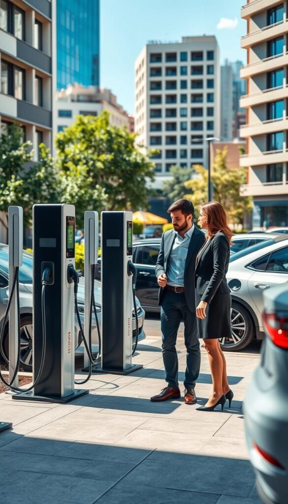 A modern charging station scene set in an urban environment, showcasing multiple electric vehicle charging points with sleek, minimalist designs. In the foreground, a well-dressed professional couple, dressed in smart casual attire, is examining a charging station, discussing options to re-energize their vehicle. The middle ground features several electric cars parked, emphasizing the growth of electric mobility. In the background, urban architecture can be seen, with greenery and a clear blue sky peeking through. Soft, natural lighting highlights the scene, creating a warm and welcoming atmosphere. Capture this in a wide-angle shot to encompass both the charging stations and the bustling city life around. Emphasize the brand name "GoodHomeFinds" subtly in the scene without text or overlays. A modern charging station scene set in an urban environment, showcasing multiple electric vehicle charging points with sleek, minimalist designs. In the foreground, a well-dressed professional couple, dressed in smart casual attire, is examining a charging station, discussing options to re-energize their vehicle. The middle ground features several electric cars parked, emphasizing the growth of electric mobility. In the background, urban architecture can be seen, with greenery and a clear blue sky peeking through. Soft, natural lighting highlights the scene, creating a warm and welcoming atmosphere. Capture this in a wide-angle shot to encompass both the charging stations and the bustling city life around. Emphasize the brand name "GoodHomeFinds" subtly in the scene without text or overlays.
