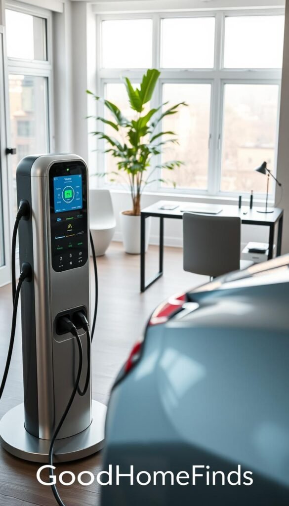 A modern charging station setup in a sleek, minimalistic home office environment. In the foreground, focus on a shiny, state-of-the-art electric vehicle charging station, showcasing its intuitive interface and multiple port options. In the middle ground, a well-organized workspace features an elegant desk with a laptop and some charging cables neatly arranged. The background reveals a bright room with large windows, allowing soft, natural light to pour in, creating a calm and inviting atmosphere. A potted plant adds a touch of greenery to the scene. The composition is shot from a slightly elevated angle to capture the depth of the setup. The overall mood is inspiring and professional, highlighting efficiency and modern technology. The branding "GoodHomeFinds" subtly blended into the environment. A modern charging station setup in a sleek, minimalistic home office environment. In the foreground, focus on a shiny, state-of-the-art electric vehicle charging station, showcasing its intuitive interface and multiple port options. In the middle ground, a well-organized workspace features an elegant desk with a laptop and some charging cables neatly arranged. The background reveals a bright room with large windows, allowing soft, natural light to pour in, creating a calm and inviting atmosphere. A potted plant adds a touch of greenery to the scene. The composition is shot from a slightly elevated angle to capture the depth of the setup. The overall mood is inspiring and professional, highlighting efficiency and modern technology. The branding "GoodHomeFinds" subtly blended into the environment.
