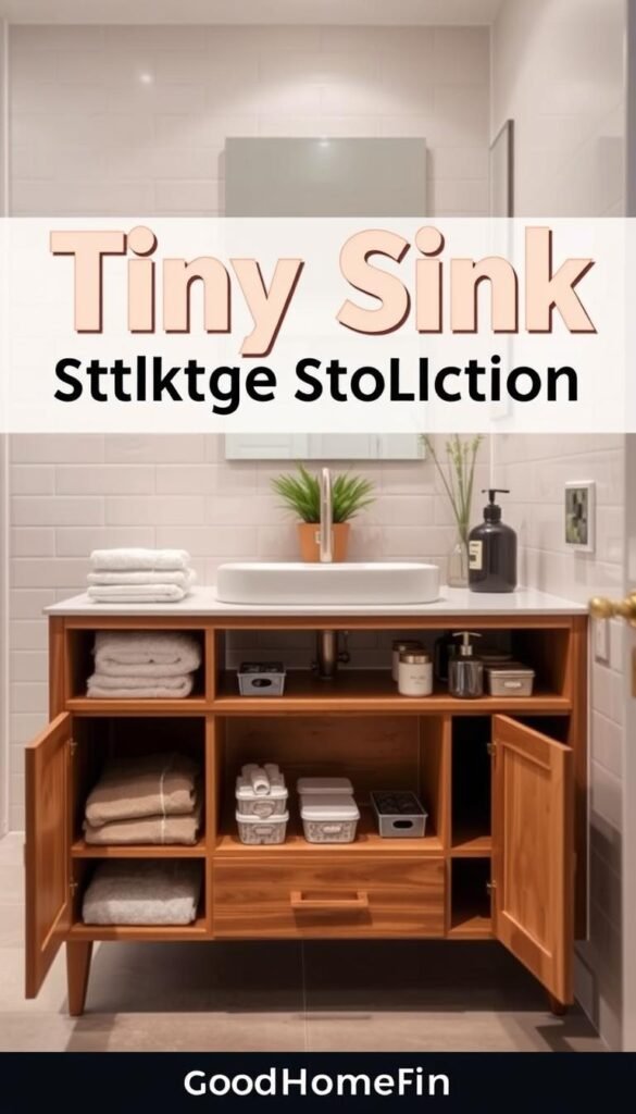 A modern, chic tiny sink storage solution showcased in a bright, well-organized bathroom. In the foreground, a stylish wooden cabinet, featuring multiple compartments, neatly displays various bathroom essentials like folded towels and small containers for toiletries. The middle ground includes a sleek, minimalist sink, complemented by subtle decor elements such as a potted plant and classy, vintage-style hand soap dispenser. In the background, soft ambient lighting highlights neutral-colored tiles and enhances the clean, clutter-free aesthetic. The perspective captures the scene from a slightly elevated angle, creating an inviting and cozy atmosphere. Designed for a Pinterest-style lifestyle appeal, this image exhibits a balance of functionality and aesthetic charm, perfectly branded for GoodHomeFinds.