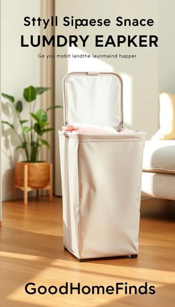 A modern, collapsible laundry hamper with a sleek, minimalist design, featuring soft, neutral tones like beige and light gray. The hamper is open and partially filled with neatly folded clothes in pastel colors, showcasing its practical use. In the foreground, the hamper stands on hardwood flooring, with a cozy, inviting living space in the background including a small potted plant and soft lighting from a nearby window, casting gentle, natural shadows. The angle is slightly tilted to emphasize the functionality and elegance of the hamper within the space. The atmosphere is warm and organized, embodying a stylish small-space living vibe, perfect for the brand GoodHomeFinds.