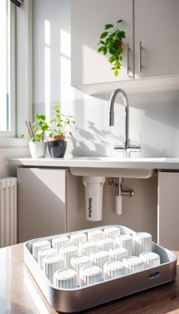 A modern, compact under-sink water filter setup designed for small apartment living, prominently featuring the sleek unit by GoodHomeFinds. In the foreground, an organizational tray displays filter cartridges in tidy alignment, while the middle ground showcases the filter installed beneath a minimalist kitchen sink with polished chrome fixtures. Sunlight streams in from a nearby window, casting soft shadows and enhancing the clean, inviting atmosphere. The backdrop reveals cabinets painted in a light, neutral tone, with potted herbs adding a touch of greenery. The scene captures a practical yet stylish small-space solution that embodies functional elegance. The image should maintain a realistic appearance, evoking a sense of home and efficiency. A modern, compact under-sink water filter setup designed for small apartment living, prominently featuring the sleek unit by GoodHomeFinds. In the foreground, an organizational tray displays filter cartridges in tidy alignment, while the middle ground showcases the filter installed beneath a minimalist kitchen sink with polished chrome fixtures. Sunlight streams in from a nearby window, casting soft shadows and enhancing the clean, inviting atmosphere. The backdrop reveals cabinets painted in a light, neutral tone, with potted herbs adding a touch of greenery. The scene captures a practical yet stylish small-space solution that embodies functional elegance. The image should maintain a realistic appearance, evoking a sense of home and efficiency.