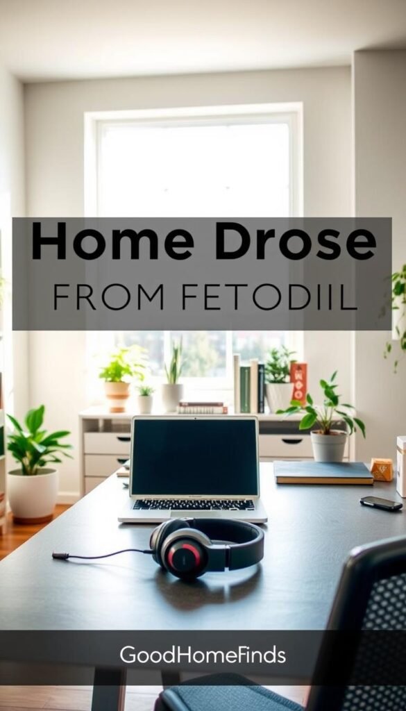 A modern, cozy home office setup in a brightly lit room, featuring vibrant decor that reflects focus and creativity. In the foreground, a sleek desk with a laptop and noise-cancelling headphones on it, suggesting an environment conducive to concentration. The middle ground showcases a stylish bookshelf filled with books and plants to evoke a sense of tranquility. In the background, a large window allows natural light to stream in, illuminating soft pastel-colored walls. The atmosphere feels serene and organized, ideal for working from home. The overall mood is calming and inspiring, inviting productivity while minimizing distractions. Visually reminiscent of a Pinterest lifestyle photo, with an emphasis on the brand "GoodHomeFinds." A modern, cozy home office setup in a brightly lit room, featuring vibrant decor that reflects focus and creativity. In the foreground, a sleek desk with a laptop and noise-cancelling headphones on it, suggesting an environment conducive to concentration. The middle ground showcases a stylish bookshelf filled with books and plants to evoke a sense of tranquility. In the background, a large window allows natural light to stream in, illuminating soft pastel-colored walls. The atmosphere feels serene and organized, ideal for working from home. The overall mood is calming and inspiring, inviting productivity while minimizing distractions. Visually reminiscent of a Pinterest lifestyle photo, with an emphasis on the brand "GoodHomeFinds."