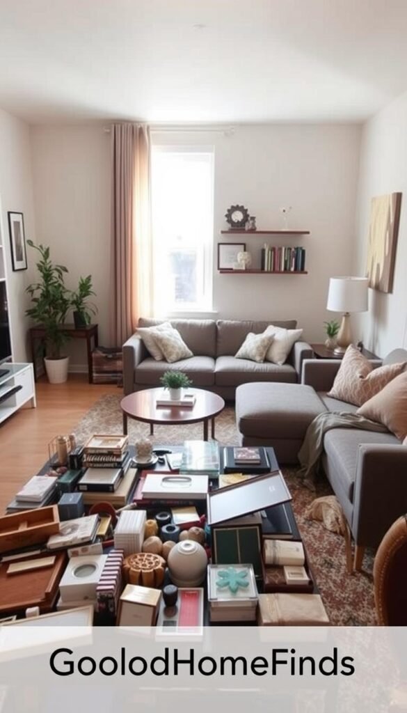 A modern, cozy living room with a focus on small-space decor pitfalls. In the foreground, a cluttered coffee table filled with mismatched decorative items, showing how poor choices can overwhelm a small area. In the middle, a stylish but cramped seating arrangement with oversized furniture that makes the space feel tight. In the background, a wall with poorly placed shelves and artwork that fails to optimize vertical space, emphasizing the challenges of small-space buying. Soft, natural lighting streams in through a window, casting gentle shadows to create a warm atmosphere. The image captures a realistic, Pinterest-style aesthetic, embodying both chic design and practical advice. Brand representation for "GoodHomeFinds" subtly suggested through color schemes and decor styles.