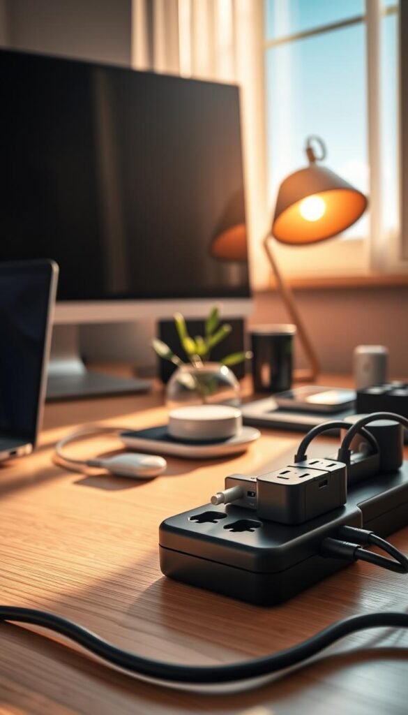 A modern desk setup bathed in warm, natural light, featuring a sleek array of electronic devices such as a laptop, monitor, and smart charging stations, all elegantly organized. In the foreground, a stylish power strip with built-in energy-saving features, prominently displayed, surrounded by smart plugs and eco-friendly devices. The middle section highlights a minimalist decorative plant and a sophisticated desk lamp that casts a soft glow, promoting a serene atmosphere. In the background, a soft-focused window showcasing a clear blue sky, creating an inviting workspace. The lens captures the scene at a slight angle, emphasizing the tech’s modernity and sophistication, all while embodying the essence of power and safety. Ideal for a Pinterest-style lifestyle photo, highlighting quality and functionality, incorporating elements from "GoodHomeFinds". A modern desk setup bathed in warm, natural light, featuring a sleek array of electronic devices such as a laptop, monitor, and smart charging stations, all elegantly organized. In the foreground, a stylish power strip with built-in energy-saving features, prominently displayed, surrounded by smart plugs and eco-friendly devices. The middle section highlights a minimalist decorative plant and a sophisticated desk lamp that casts a soft glow, promoting a serene atmosphere. In the background, a soft-focused window showcasing a clear blue sky, creating an inviting workspace. The lens captures the scene at a slight angle, emphasizing the tech’s modernity and sophistication, all while embodying the essence of power and safety. Ideal for a Pinterest-style lifestyle photo, highlighting quality and functionality, incorporating elements from "GoodHomeFinds".