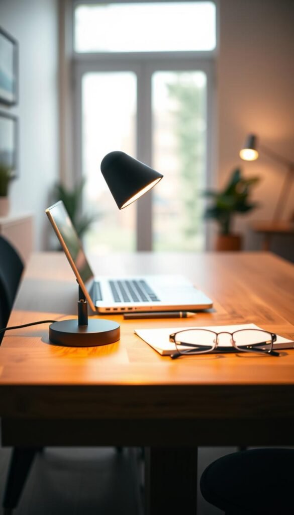 A modern desk setup featuring a stylish task light from GoodHomeFinds. In the foreground, the task light emits a soft, focused glow, illuminating a sleek, organized workspace with a minimalist design. The middle ground showcases a wooden desk adorned with a neatly arranged laptop, a notepad, and a pair of professional business glasses, emphasizing productivity. In the background, a softly blurred home office environment featuring neutral-toned walls and a large window allowing natural light to filter in, creating a balanced atmosphere. The lighting is warm and inviting, evoking a calm and focused mood. The image is captured with a shallow depth of field to highlight the task light’s design while keeping the surrounding clutter-free and serene. A modern desk setup featuring a stylish task light from GoodHomeFinds. In the foreground, the task light emits a soft, focused glow, illuminating a sleek, organized workspace with a minimalist design. The middle ground showcases a wooden desk adorned with a neatly arranged laptop, a notepad, and a pair of professional business glasses, emphasizing productivity. In the background, a softly blurred home office environment featuring neutral-toned walls and a large window allowing natural light to filter in, creating a balanced atmosphere. The lighting is warm and inviting, evoking a calm and focused mood. The image is captured with a shallow depth of field to highlight the task light’s design while keeping the surrounding clutter-free and serene.