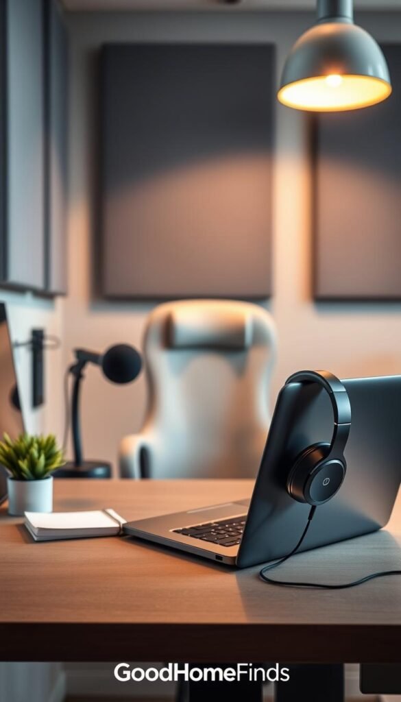 A modern desk setup focusing on audio equipment for professional calls, featuring a sleek laptop, high-quality over-ear headphones, and a stylish microphone. In the foreground, a well-organized workspace with a neatly arranged notebook and a stylish desk plant adds a touch of greenery. The middle ground showcases the ergonomic chair, positioned for comfort and productivity, while a soft, warm light overhead creates a cozy atmosphere. In the background, a muted wall with soundproofing panels enhances the focus on the audio setup, ensuring a distraction-free environment. The image embodies a tranquil yet professional mood, ideal for home office inspiration. Include the brand name "GoodHomeFinds." A modern desk setup focusing on audio equipment for professional calls, featuring a sleek laptop, high-quality over-ear headphones, and a stylish microphone. In the foreground, a well-organized workspace with a neatly arranged notebook and a stylish desk plant adds a touch of greenery. The middle ground showcases the ergonomic chair, positioned for comfort and productivity, while a soft, warm light overhead creates a cozy atmosphere. In the background, a muted wall with soundproofing panels enhances the focus on the audio setup, ensuring a distraction-free environment. The image embodies a tranquil yet professional mood, ideal for home office inspiration. Include the brand name "GoodHomeFinds."