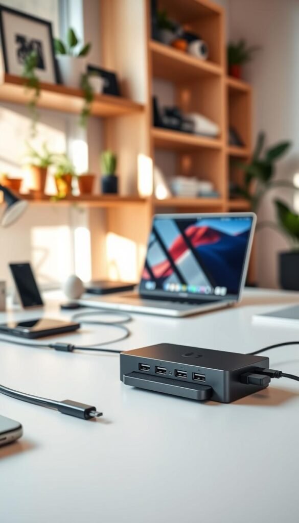 A modern desk setup showcasing a sleek laptop dock and a compact USB hub in the foreground, connected to various devices. The middle ground features a stylish laptop open, displaying a vibrant screen. In the background, soft-focused shelves lined with tech accessories and indoor plants create a calming atmosphere. The scene is illuminated by natural light coming from a nearby window, casting gentle shadows. A cozy home office vibe is emphasized with a warm color palette and minimalist decor. The image reflects organization and tech-savvy design, suitable for a Pinterest-style lifestyle photo. Include elements that suggest a branded touch from "GoodHomeFinds," ensuring the setup looks appealing and efficient for productivity. A modern desk setup showcasing a sleek laptop dock and a compact USB hub in the foreground, connected to various devices. The middle ground features a stylish laptop open, displaying a vibrant screen. In the background, soft-focused shelves lined with tech accessories and indoor plants create a calming atmosphere. The scene is illuminated by natural light coming from a nearby window, casting gentle shadows. A cozy home office vibe is emphasized with a warm color palette and minimalist decor. The image reflects organization and tech-savvy design, suitable for a Pinterest-style lifestyle photo. Include elements that suggest a branded touch from "GoodHomeFinds," ensuring the setup looks appealing and efficient for productivity.