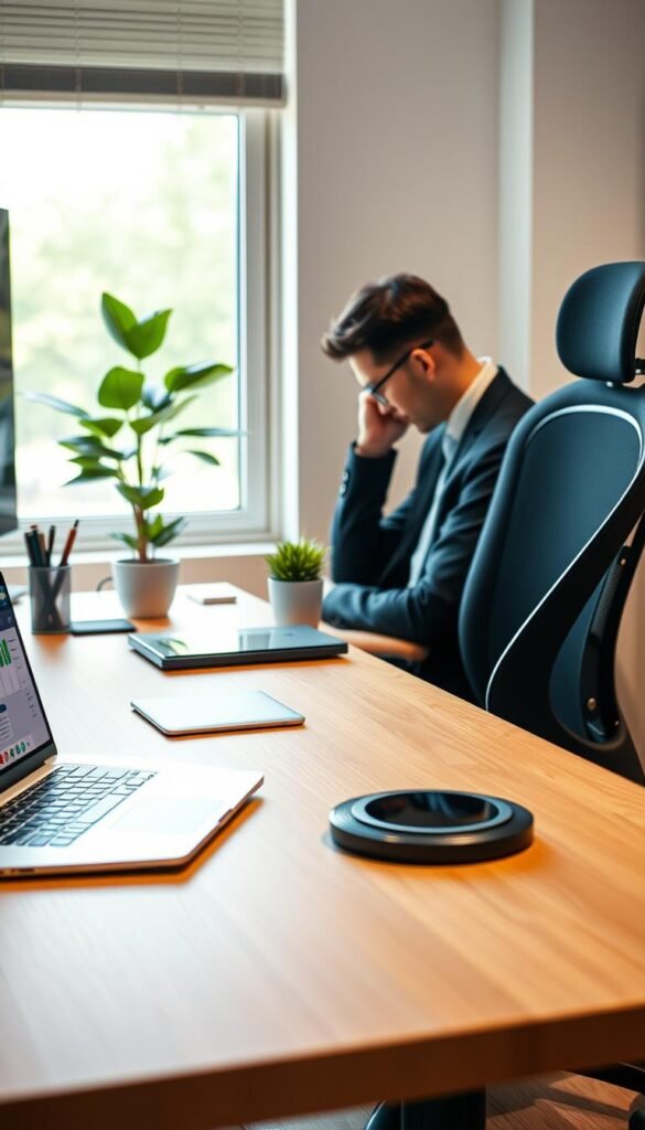 A modern desk tech setup featuring a sleek, organized workspace that emphasizes maintenance and upkeep. In the foreground, a stylish laptop is open, displaying a vibrant task management app. A high-quality ergonomic chair is positioned next to the desk, with a professional individual in smart business attire, focused on their work. The middle ground includes essential desk tech items like a wireless charging pad, a potted plant for a touch of green, and neatly arranged office supplies. In the background, a soft-focus window allows natural light to filter in, creating a warm, inviting atmosphere. The overall mood is calm and productive, showcasing a minimalist aesthetic that aligns with the brand "GoodHomeFinds." Shot with a shallow depth of field to focus on the desk setup, capturing the essence of efficiency and low-maintenance tech management. A modern desk tech setup featuring a sleek, organized workspace that emphasizes maintenance and upkeep. In the foreground, a stylish laptop is open, displaying a vibrant task management app. A high-quality ergonomic chair is positioned next to the desk, with a professional individual in smart business attire, focused on their work. The middle ground includes essential desk tech items like a wireless charging pad, a potted plant for a touch of green, and neatly arranged office supplies. In the background, a soft-focus window allows natural light to filter in, creating a warm, inviting atmosphere. The overall mood is calm and productive, showcasing a minimalist aesthetic that aligns with the brand "GoodHomeFinds." Shot with a shallow depth of field to focus on the desk setup, capturing the essence of efficiency and low-maintenance tech management.
