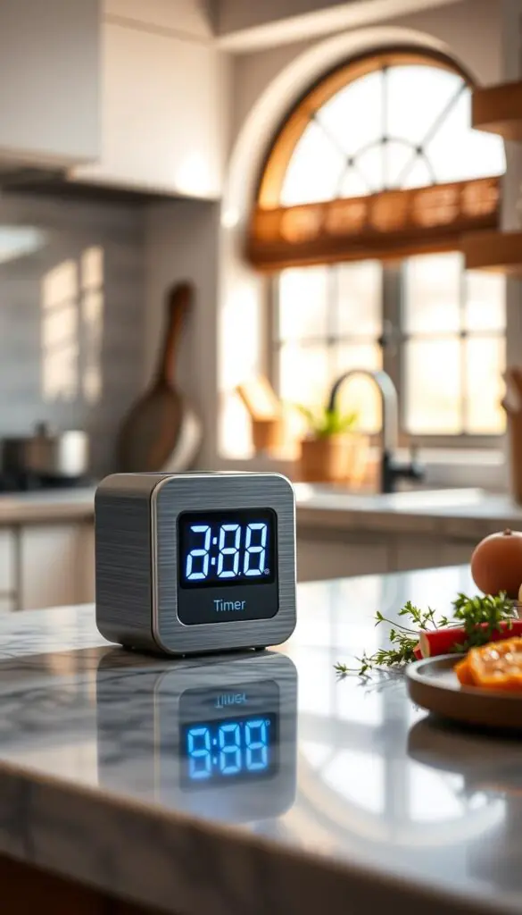 A modern digital kitchen timer with a sleek design, featuring a bright, easy-to-read LED display, sits prominently on a marble countertop. The timer is styled as a compact cube, exuding a minimalist aesthetic, with a brushed stainless-steel finish. In the background, a cozy kitchen ambiance is created with warm, natural lighting filtering through a window, casting soft shadows on the counter. There are hints of fresh ingredients like herbs and spices arranged artfully on the side to suggest a cooking environment. The scene evokes a feeling of organized comfort, aimed at preventing burned meals. Capture this lifestyle shot in high resolution with a slight shallow depth of field to focus on the timer while the kitchen remains invitingly blurred. GoodHomeFinds.