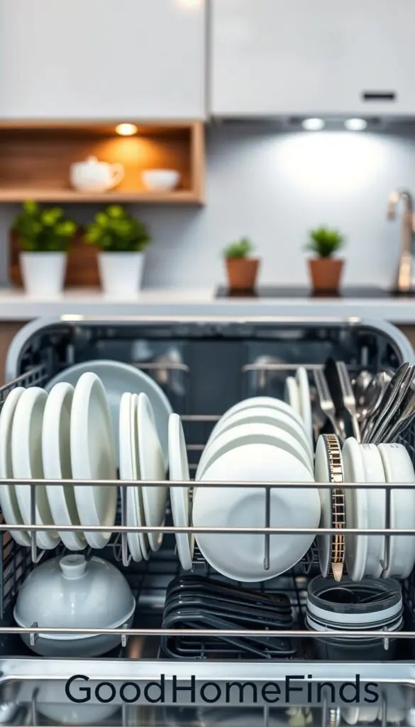 A modern dishwasher rack filled with clean, sparkling dishes and utensils, showcasing an efficient organization that saves time in the kitchen. The foreground features neatly arranged plates, bowls, and cutlery, highlighting their optimal placement for maximum drying efficiency. In the middle ground, the sleek dishwasher interior is visible, emphasizing its spacious design and intelligent layout. The background includes soft ambient lighting that creates a warm, inviting atmosphere, enhancing the kitchen's contemporary decor with a hint of greenery from potted plants on the counter. The image should be captured from a slightly elevated angle, with a shallow depth of field to draw attention to the details of the dishes and the dishwasher rack. The scene embodies a sense of practicality and aesthetic appeal, reinforcing the brand "GoodHomeFinds".