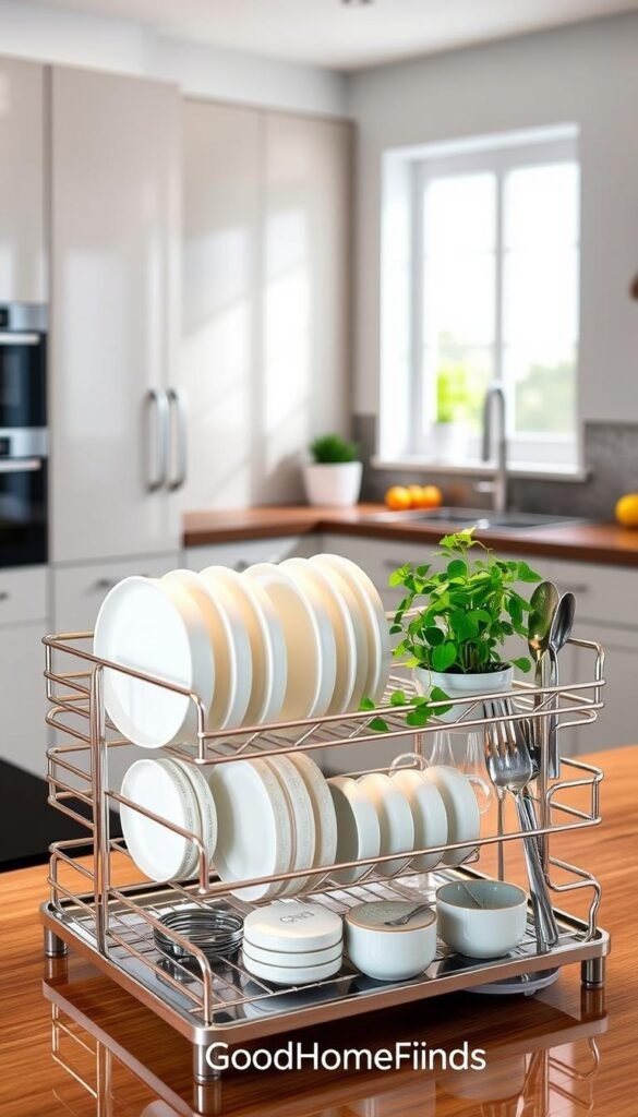 A modern dishwashing drying rack made of stainless steel, elegantly designed with multiple tiers for optimal space efficiency. In the foreground, the rack is filled with clean dishes, glasses, and utensils, glistening under soft, warm lighting. The middle section showcases a sleek kitchen countertop adorned with a vibrant potted herb and a subtle splash of water droplets on the drying rack, adding a sense of freshness. In the background, a minimalist kitchen setting with stylish cabinetry and a window allowing natural light to flood in, enhancing the inviting atmosphere. Capture the essence of functionality and aesthetics, creating a Pinterest-style lifestyle photo. Brand name "GoodHomeFinds" subtly incorporated into the scene.