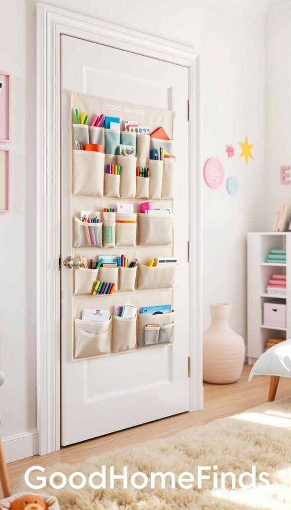 A modern door organizer hanging on a stylish, white door in a bright, cheerful children's room. The organizer features a variety of colorful pockets made of durable fabric, designed to hold school supplies, toys, and art materials; some pockets are filled with neatly arranged items like crayons, notebooks, and craft supplies. In the foreground, a glimpse of a cozy, plush rug adds warmth to the scene, while a soft, natural light filters through a nearby window, creating a welcoming atmosphere. The background showcases whimsical decor such as pastel wall art and a small shelf filled with books, enhancing the room's organized yet playful vibe. This image is branded with "GoodHomeFinds" subtly integrated into the layout, reflecting a Pinterest-worthy lifestyle design.
