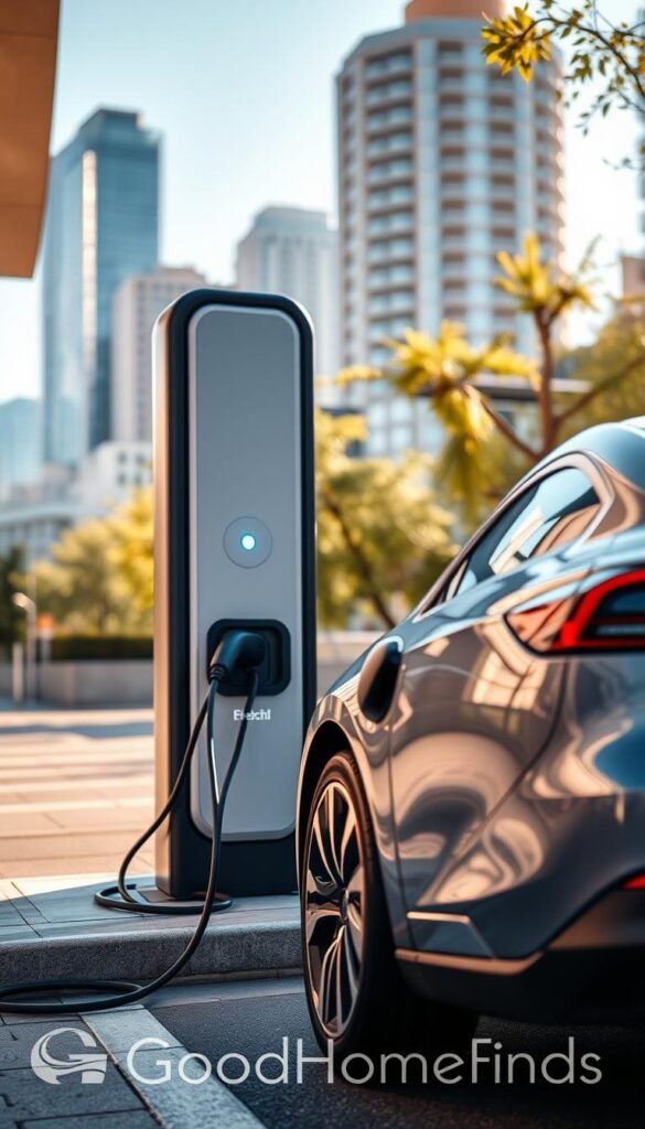 A modern electric vehicle charging station located in a sleek urban environment. In the foreground, a shiny electric car is parked next to the charging station, with the charging cable visibly connected to the vehicle. The middle ground showcases the charging station with multiple charging points, each illuminated with soft blue LED lights. In the background, city buildings are softly blurred, indicating an urban setting, with trees adding a touch of greenery. The scene is bathed in warm, natural sunlight, creating a welcoming and energetic atmosphere. The angle is slightly low, emphasizing the modern design of the charging station and car. This lifestyle image embodies innovation and eco-friendliness, highlighting the brand GoodHomeFinds. A modern electric vehicle charging station located in a sleek urban environment. In the foreground, a shiny electric car is parked next to the charging station, with the charging cable visibly connected to the vehicle. The middle ground showcases the charging station with multiple charging points, each illuminated with soft blue LED lights. In the background, city buildings are softly blurred, indicating an urban setting, with trees adding a touch of greenery. The scene is bathed in warm, natural sunlight, creating a welcoming and energetic atmosphere. The angle is slightly low, emphasizing the modern design of the charging station and car. This lifestyle image embodies innovation and eco-friendliness, highlighting the brand GoodHomeFinds.