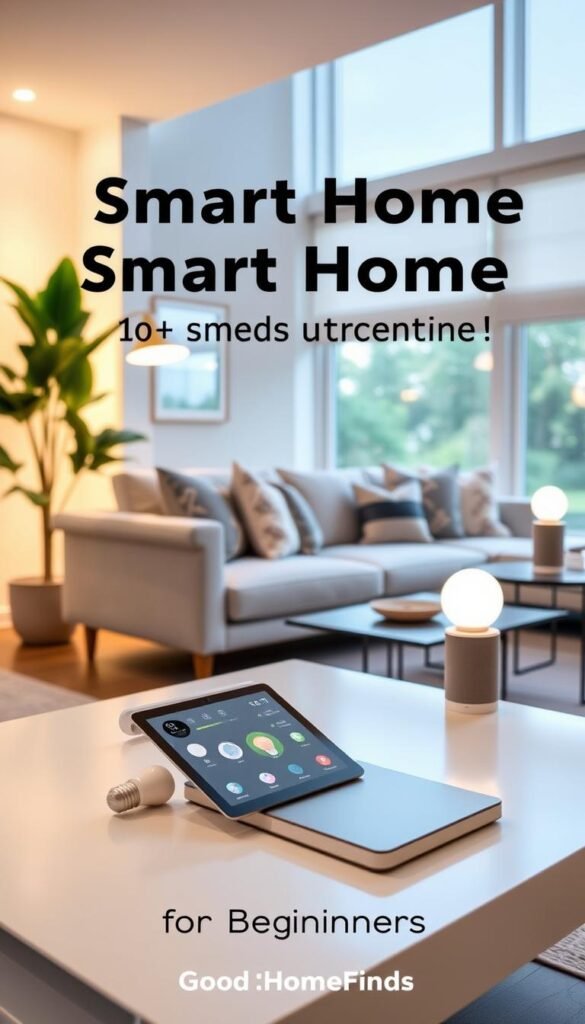 A modern, elegant living room showcasing the essence of a smart home. In the foreground, a sleek coffee table equipped with a tablet controlling various smart devices, like smart bulbs and a thermostat, all subtly glowing. The middle ground features a stylish couch adorned with decorative cushions and a smart speaker on a side table, creating a warm and inviting atmosphere. The background reveals large windows allowing natural light to flood in, highlighting smart window shades that adjust automatically. Soft, ambient lighting adds a cozy feel, while a potted plant in the corner enhances the inviting environment. This lifestyle photo reflects the practical benefits of smart home technology for beginners. Ideal for a Pinterest-style aesthetic and branded with "GoodHomeFinds."