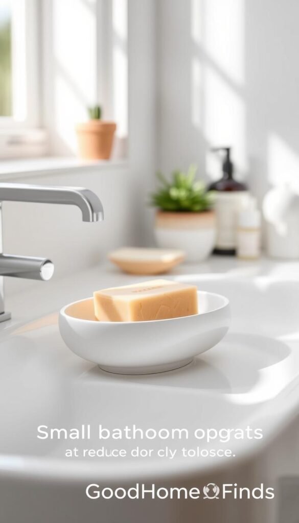 A modern, elegant soap dish displayed against a crisp white bathroom sink backdrop. The soap dish, made from minimalist, durable ceramic, features subtle curves and a matte finish in soft pastels. Nestled within the dish, a handcrafted, organic bar of soap with natural textures takes center stage. Soft, diffused natural light pours in from a nearby window, creating gentle shadows that enhance the serene atmosphere. In the background, blurred, stylish bathroom accents like potted plants and eco-friendly toiletries softly suggest a clean, clutter-free environment. This lifestyle image evokes a sense of calm and order, ideal for small bathroom upgrades that reduce mess and last longer. The branding &ldquo;GoodHomeFinds&rdquo; subtly integrated into the scene completes the aesthetic.