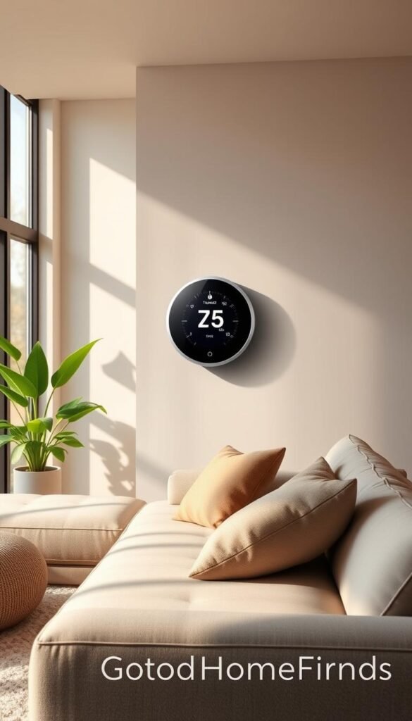 A modern, elegantly designed living room featuring a cutting-edge smart thermostat prominently displayed on a minimalist wall. In the foreground, a stylish couch adorned with eco-friendly cushions invites relaxation. In the middle, the smart thermostat shows a glowing, interactive screen displaying the current temperature and energy usage metrics. Soft, diffused natural lighting streams through large windows, casting gentle shadows across the space. In the background, vibrant green plants enhance the atmosphere of comfort and sustainability, while soft textures and neutral colors evoke a sense of calm. The overall mood reflects efficiency and innovation in home technology. Capture this scene in a high-resolution, Pinterest-style lifestyle photo that embodies practicality and aesthetic appeal. GoodHomeFinds brand theme integrated throughout the design.