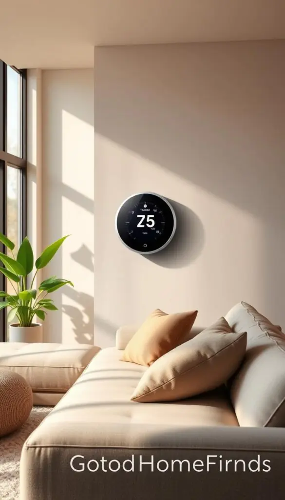 A modern, elegantly designed living room featuring a cutting-edge smart thermostat prominently displayed on a minimalist wall. In the foreground, a stylish couch adorned with eco-friendly cushions invites relaxation. In the middle, the smart thermostat shows a glowing, interactive screen displaying the current temperature and energy usage metrics. Soft, diffused natural lighting streams through large windows, casting gentle shadows across the space. In the background, vibrant green plants enhance the atmosphere of comfort and sustainability, while soft textures and neutral colors evoke a sense of calm. The overall mood reflects efficiency and innovation in home technology. Capture this scene in a high-resolution, Pinterest-style lifestyle photo that embodies practicality and aesthetic appeal. GoodHomeFinds brand theme integrated throughout the design.