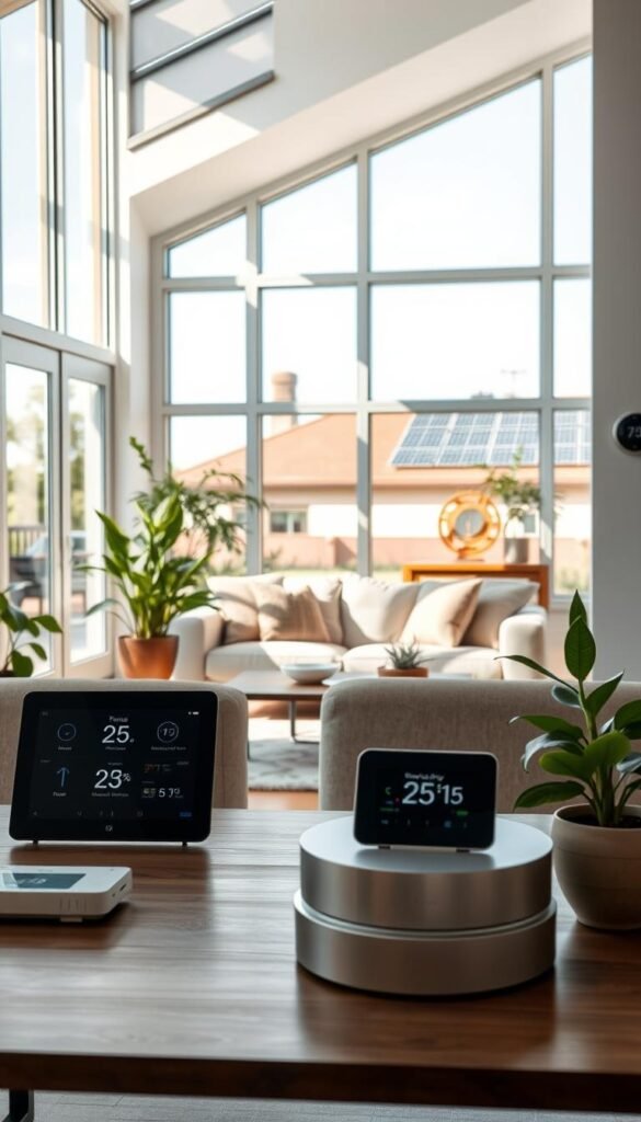 A modern, energy-efficient smart home interior, showcasing a bright, open living room with large windows allowing natural light to flood the space. In the foreground, a sleek, minimalist coffee table with smart home devices like a digital thermostat and energy monitoring display. The middle section features a cozy sofa with eco-friendly fabrics, surrounded by plants and energy-efficient LED lighting softly illuminating the room. The background reveals a view of solar panels installed on the roof and a smart thermostat on the wall. The atmosphere is warm and inviting, evoking a sense of comfort through energy-saving innovations, captured with natural lighting using a wide-angle lens to emphasize spaciousness. Focus on creating a realistic, Pinterest-style lifestyle photo that reflects the essence of GoodHomeFinds.