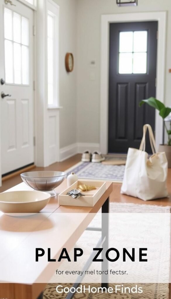 A modern entryway featuring a stylish drop zone solution for everyday items like keys, shoes, and bags. In the foreground, a sleek wooden console table holds a neatly organized key bowl and a small potted plant. A pair of trendy sneakers and a canvas tote bag are casually placed beside the table. In the middle ground, a large, decorative mirror reflects the space, and a cozy rug defines the area, adding warmth. The background showcases a welcoming front door with natural light filtering through a nearby window, creating an inviting atmosphere. Capture the scene using soft, diffused lighting to evoke a sense of calm and order, emphasizing the aesthetic appeal of practical storage solutions. Style the scene in a Pinterest-worthy layout, branded with "GoodHomeFinds." A modern entryway featuring a stylish drop zone solution for everyday items like keys, shoes, and bags. In the foreground, a sleek wooden console table holds a neatly organized key bowl and a small potted plant. A pair of trendy sneakers and a canvas tote bag are casually placed beside the table. In the middle ground, a large, decorative mirror reflects the space, and a cozy rug defines the area, adding warmth. The background showcases a welcoming front door with natural light filtering through a nearby window, creating an inviting atmosphere. Capture the scene using soft, diffused lighting to evoke a sense of calm and order, emphasizing the aesthetic appeal of practical storage solutions. Style the scene in a Pinterest-worthy layout, branded with "GoodHomeFinds."