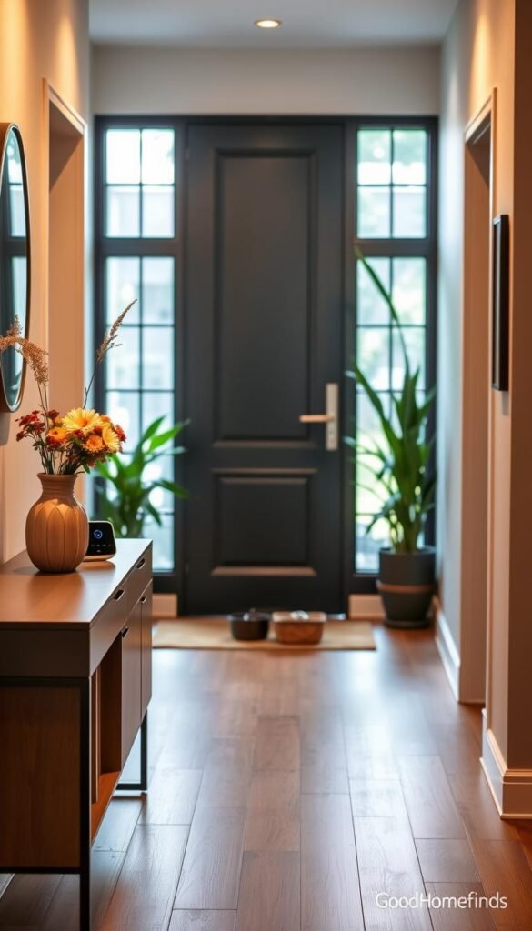 A modern entryway featuring sleek, smart technology integrated seamlessly into the design. In the foreground, a stylish console table with a minimalist design, adorned with a smart home device and a decorative vase of fresh flowers. The middle layer showcases an elegant door with a smart lock system, surrounded by lush indoor plants, creating a welcoming atmosphere. In the background, a spacious hallway filled with soft, natural light filtering through large windows, highlighting the hardwood floor and contemporary decor. Use warm, inviting lighting to evoke a cozy, tech-savvy vibe. Shot at a slight angle with a shallow depth of field for added focus on the entryway elements. Convey a sense of modern sophistication and practicality for today's homeowners. GoodHomeFinds. A modern entryway featuring sleek, smart technology integrated seamlessly into the design. In the foreground, a stylish console table with a minimalist design, adorned with a smart home device and a decorative vase of fresh flowers. The middle layer showcases an elegant door with a smart lock system, surrounded by lush indoor plants, creating a welcoming atmosphere. In the background, a spacious hallway filled with soft, natural light filtering through large windows, highlighting the hardwood floor and contemporary decor. Use warm, inviting lighting to evoke a cozy, tech-savvy vibe. Shot at a slight angle with a shallow depth of field for added focus on the entryway elements. Convey a sense of modern sophistication and practicality for today's homeowners. GoodHomeFinds.