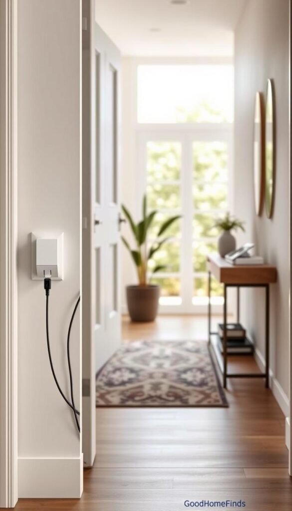 A modern entryway scene showcasing power safety and cable management. In the foreground, a stylish doorway featuring a sleek, organized power outlet with safety covers, neatly arranged cables, and an energy-efficient smart device. The middle ground includes decorative elements like a potted plant and a slim console table with a charging station, all illuminated by soft, natural sunlight coming through a window, creating an inviting atmosphere. In the background, a clear view of the outside world with a hint of greenery, enhancing the sense of safety and connectivity. The scene is captured from a slightly elevated angle, mimicking a lifestyle photo aesthetic, evoking a sense of modern convenience and responsible energy usage. The image is designed for GoodHomeFinds. A modern entryway scene showcasing power safety and cable management. In the foreground, a stylish doorway featuring a sleek, organized power outlet with safety covers, neatly arranged cables, and an energy-efficient smart device. The middle ground includes decorative elements like a potted plant and a slim console table with a charging station, all illuminated by soft, natural sunlight coming through a window, creating an inviting atmosphere. In the background, a clear view of the outside world with a hint of greenery, enhancing the sense of safety and connectivity. The scene is captured from a slightly elevated angle, mimicking a lifestyle photo aesthetic, evoking a sense of modern convenience and responsible energy usage. The image is designed for GoodHomeFinds.