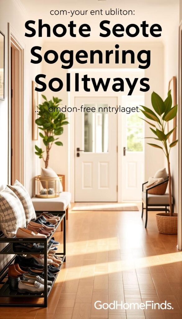 A modern entryway scene showcasing practical shoe organization solutions. In the foreground, a stylish shoe rack holds neatly arranged shoes, demonstrating a variety of sizes and styles, all in muted tones. To one side, a small decorative bench with plush cushions invites comfort, while a large indoor plant adds a touch of greenery. The middle section features a well-lit, spacious hallway with warm wooden flooring and a large mirror reflecting the inviting atmosphere. The background includes a gently lit doorway that opens to natural light, enhancing the welcoming ambiance. Soft shadows under the sunlight create a tranquil mood, perfect for a Pinterest-style lifestyle photo. The overall composition is harmonious and visually appealing, capturing the essence of organized, mud-free entryways. GoodHomeFinds branding subtly integrated into the decor. A modern entryway scene showcasing practical shoe organization solutions. In the foreground, a stylish shoe rack holds neatly arranged shoes, demonstrating a variety of sizes and styles, all in muted tones. To one side, a small decorative bench with plush cushions invites comfort, while a large indoor plant adds a touch of greenery. The middle section features a well-lit, spacious hallway with warm wooden flooring and a large mirror reflecting the inviting atmosphere. The background includes a gently lit doorway that opens to natural light, enhancing the welcoming ambiance. Soft shadows under the sunlight create a tranquil mood, perfect for a Pinterest-style lifestyle photo. The overall composition is harmonious and visually appealing, capturing the essence of organized, mud-free entryways. GoodHomeFinds branding subtly integrated into the decor.