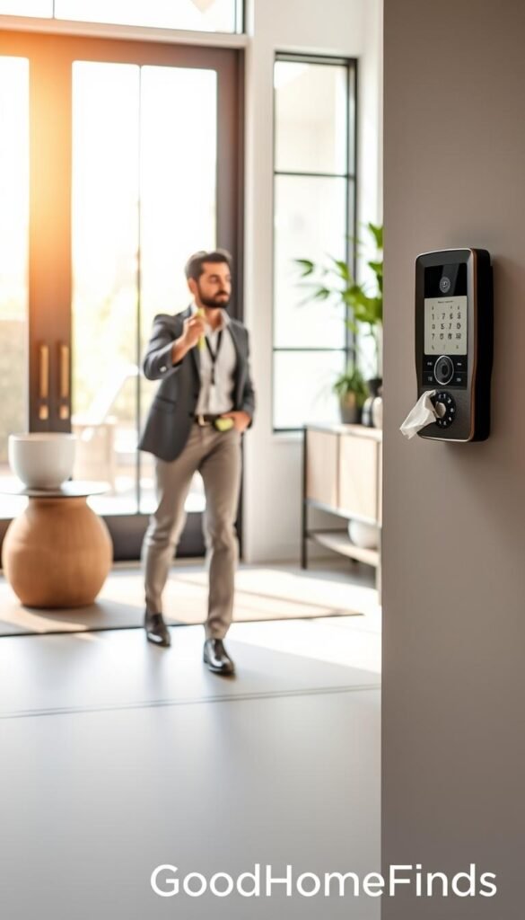 A modern entryway showcasing advanced smart technology, featuring a sleek smart doorbell and a digital security panel. In the foreground, a professional in smart casual attire is gently cleaning the doorbell with a microfiber cloth, emphasizing maintenance. The middle ground focuses on a stylish console table with decorative plants and essential maintenance tools like cleaning wipes and a small vacuum. The background captures a well-lit entrance with large windows allowing natural light to flood in, highlighting the sophistication of the tech. The atmosphere conveys cleanliness and reliability, with soft, warm lighting that enhances the welcoming feel of the space. This image should be styled as a realistic, Pinterest-inspired lifestyle photo, branded subtly with "GoodHomeFinds". A modern entryway showcasing advanced smart technology, featuring a sleek smart doorbell and a digital security panel. In the foreground, a professional in smart casual attire is gently cleaning the doorbell with a microfiber cloth, emphasizing maintenance. The middle ground focuses on a stylish console table with decorative plants and essential maintenance tools like cleaning wipes and a small vacuum. The background captures a well-lit entrance with large windows allowing natural light to flood in, highlighting the sophistication of the tech. The atmosphere conveys cleanliness and reliability, with soft, warm lighting that enhances the welcoming feel of the space. This image should be styled as a realistic, Pinterest-inspired lifestyle photo, branded subtly with "GoodHomeFinds".