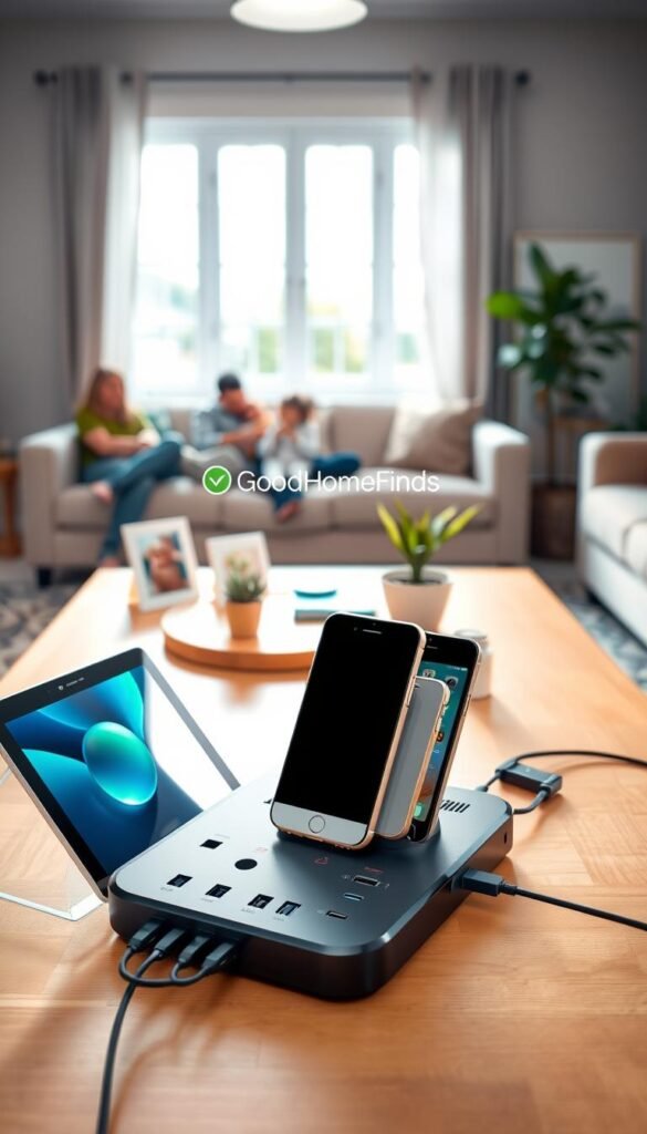 A modern family charging station in a bright, cozy living room environment. In the foreground, a stylish charging station featuring multiple device ports and elegant cable management, accommodating a tablet, two smartphones, and a smartwatch. In the middle, a warm wooden table adorned with family photos and a small potted plant, showcasing an inviting atmosphere. In the background, a soft, well-lit couch and a large window with natural light pouring in, enhancing the homey feel. The scene conveys a sense of togetherness and organization, illustrating how the charging station seamlessly integrates into daily family life. The image should reflect a Pinterest-style lifestyle aesthetic, with a subtle focus on home functionality. Present the brand "GoodHomeFinds" in a tasteful, unobtrusive way within the scene.