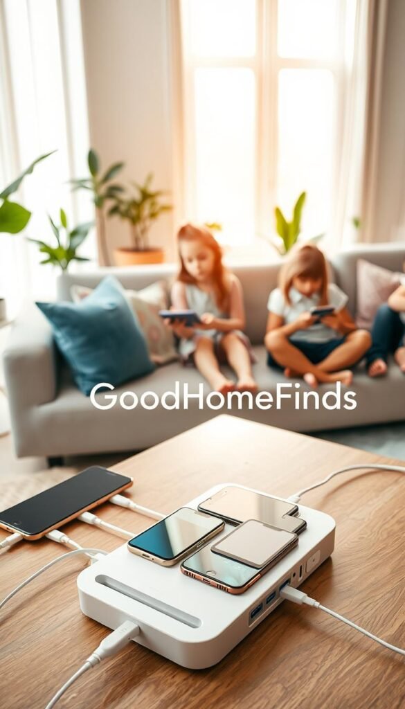 A modern family charging station setup in a stylish living room. In the foreground, a sleek, multi-device charging hub with various gadgets such as smartphones, tablets, and smartwatches, all plugged in and neatly organized. The middle layer features a cozy couch with a couple of children engaging with their devices, showcasing a family-friendly atmosphere. In the background, soft natural lighting filters through a large window, illuminating pastel-colored decor and plants, creating an inviting environment. A fresh, contemporary aesthetic is achieved through a well-structured layout. The overall mood is warm and family-oriented, perfect for illustrating the convenience of device charging solutions. Brand name "GoodHomeFinds" subtly integrated into the decor elements, ensuring it aligns with lifestyle content without overwhelming the image.