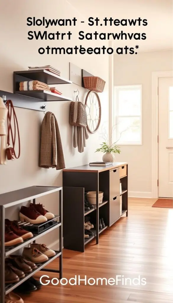 A modern hallway featuring smart storage solutions designed for entryways, with sleek shelves and innovative hooks. In the foreground, an organized shoe rack showcases stylish footwear, while vertical wall-mounted storage displays baskets filled with seasonal accessories. The middle layer includes a minimalist console table with a decorative vase and a small potted plant, emphasizing functionality and aesthetics. The background reveals a well-lit space with warm, natural light streaming in through a nearby window, illuminating the wooden floors and fresh, neutral-colored walls. Capture this scene with a warm, inviting atmosphere, using a wide-angle lens for depth and clarity. The branding "GoodHomeFinds" subtly incorporated into the d&eacute;cor elements complements the overall modern design.