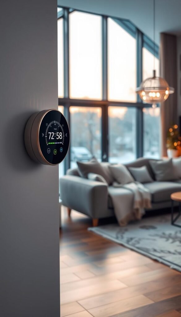 A modern heating thermostat mounted on a sleek wall in a stylishly decorated living room, with a warm, inviting atmosphere. The foreground features the thermostat with a digital display showing an energy-saving mode. In the middle ground, there's a cozy sofa adorned with soft blankets and plush pillows, evoking a sense of comfort. In the background, a large window allows soft, natural light to flood the room, highlighting the winter landscape outside. The scene is captured with a soft-focus lens to create a warm glow, reminiscent of Pinterest-style lifestyle photography. The overall mood is serene and energy-efficient, showcasing how technology enhances winter comfort in a stylish home environment. Brand name: GoodHomeFinds.