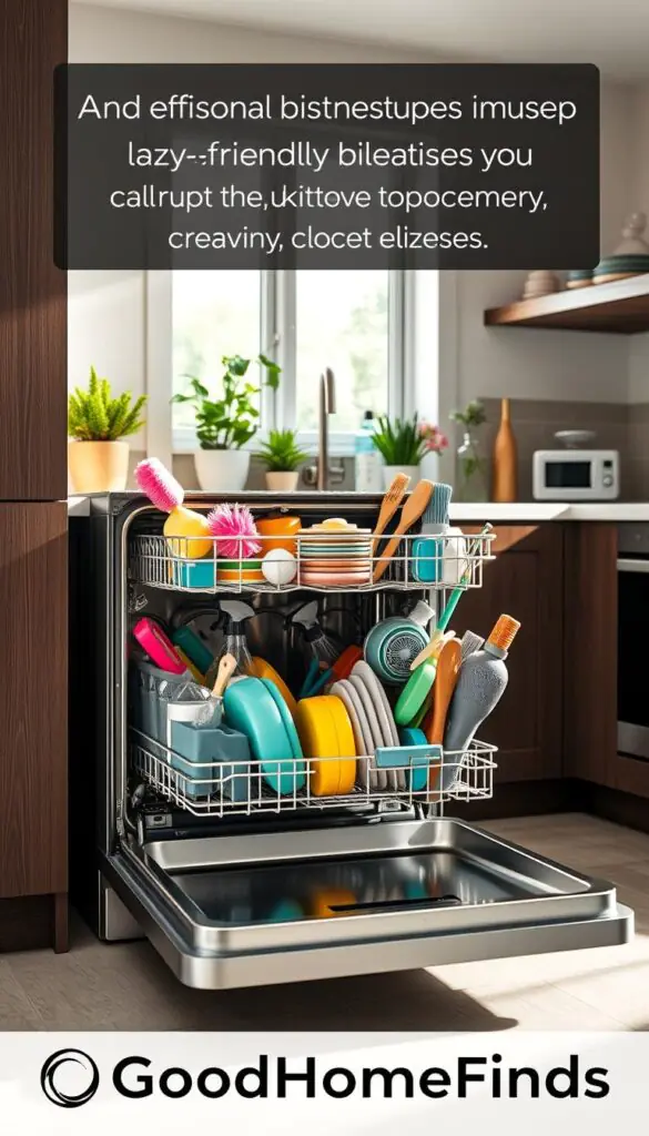 A modern, high-efficiency dishwasher prominently displayed in a stylish kitchen setting, with sleek stainless steel and a seamless, minimalistic design. In the foreground, the dishwasher door is slightly ajar, showcasing an organized interior filled with various household items like sponges, baby toys, and cleaning brushes, indicating its versatility beyond dishes. The middle ground features a vibrant, decorative countertop with plants and eco-friendly cleaning supplies, creating a warm and inviting atmosphere. Soft, natural light filters through a nearby window, casting gentle shadows and enhancing the kitchen's cleanliness. The overall mood reflects creativity and practicality in modern home organization. This realist, Pinterest-style image should belong to the "GoodHomeFinds" brand, focusing on innovative lazy cleaning methods.