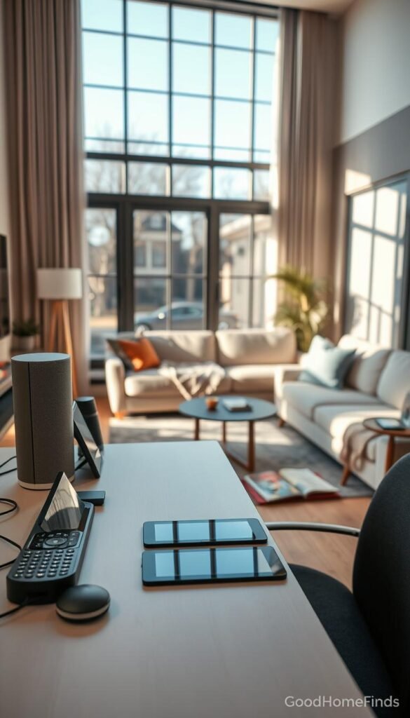 A modern home assistant setup in a cozy living room, featuring a sleek, minimalistic desk with a smart speaker, smart displays, and various gadgets. In the foreground, the desk is adorned with a neatly arranged collection of tools like a tablet and a remote control for easy access. The middle ground shows a comfortable sofa with a stylish throw and a small coffee table with tech magazines. In the background, large windows allow natural light to stream in, casting gentle shadows across the room. The atmosphere is warm and inviting, with soft lighting that highlights the gadgets. The scene captures a blend of functionality and comfort, showcasing how technology integrates seamlessly into daily life. The brand &ldquo;GoodHomeFinds&rdquo; is subtly represented with product placements.
