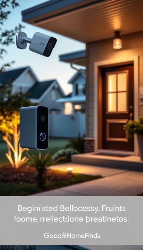 A modern home exterior featuring a cozy suburban residence illuminated by soft evening light. In the foreground, a sleek doorbell camera is mounted next to the front door, complemented by a discreet security camera positioned overhead. The middle ground showcases a well-kept yard with subtle smart lighting guiding the path to the entrance. In the background, neighbors can be seen in their well-groomed homes, emphasizing a sense of community. The scene is captured from a slightly low angle to highlight the security features prominently while providing a welcoming atmosphere. The mood is calm and reassuring, reflecting beginner-friendly home security solutions. Ideal for a lifestyle-inspired layout, showcasing "GoodHomeFinds" products in a relatable setting.