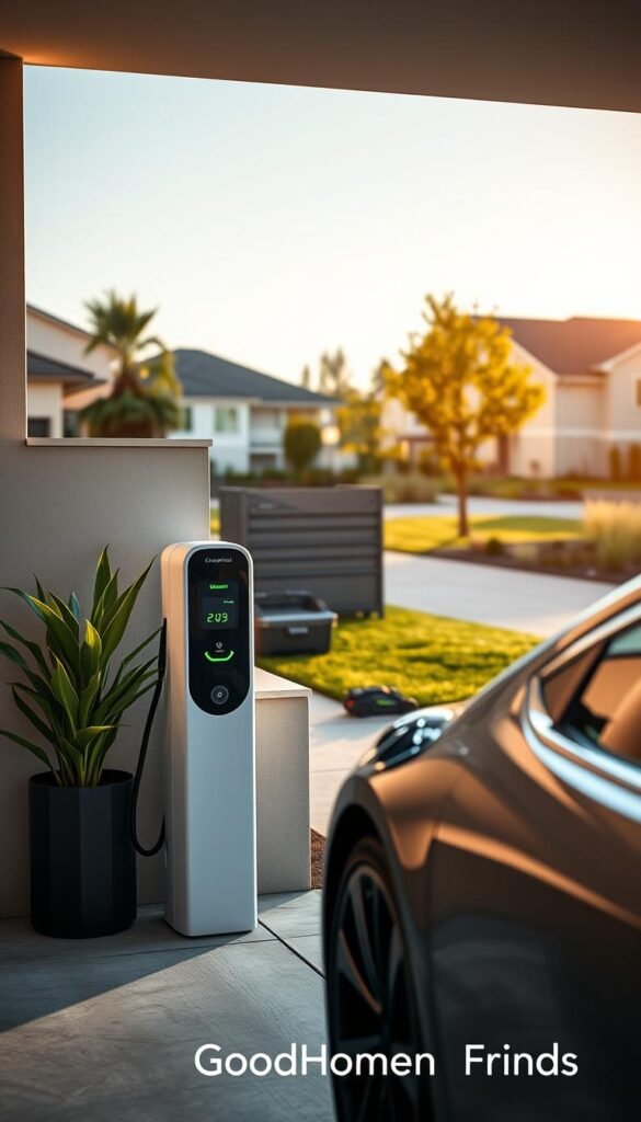 A modern home garage scene showcasing a ChargePoint Home Flex charging station prominently in the foreground. The sleek, white charging unit is plugged into a stylish electric vehicle parked next to it, with an outdoor wall displaying a vibrant green plant. In the middle ground, a well-organized toolbox and an electric lawnmower hint at eco-friendly living. The background features a pristine suburban neighborhood with well-maintained lawns and homes basking in the warm glow of a late afternoon sun, casting soft shadows. The overall atmosphere is inviting and progressive, emphasizing clean energy and innovation. The image should reflect a lifestyle of sustainability and modern convenience. Capture this in a wide-angle shot with a slightly elevated perspective for depth, aiming for a Pinterest-worthy aesthetic. Brand name "GoodHomeFinds" should be subtly integrated into the environment.