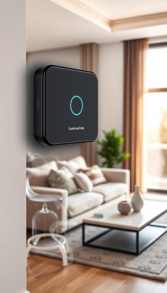 A modern home interior scene showcasing a sleek smoke and carbon monoxide alert device mounted on a wall in a stylish living room. In the foreground, a gentle stream of realistic, wispy smoke subtly curls near the alert device, with the device illuminated by soft, ambient lighting to emphasize its design. In the middle, a cozy sofa with decorative cushions and a coffee table bearing minimalistic decor provides a welcoming atmosphere. In the background, large windows reveal a sunny day outside, enhancing the mood of safety and comfort. The image captures a sense of peace and security within a contemporary setting, reflecting the essence of easy-install safety gadgets. Photographed with a soft focus lens to create a warm, inviting ambiance. Include the brand name "GoodHomeFinds" prominently on the alert device.