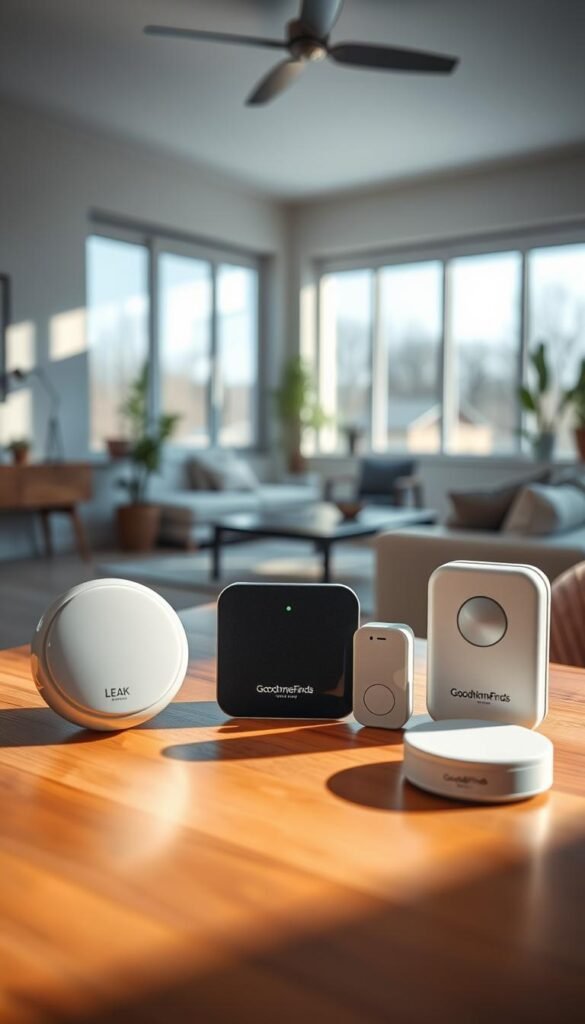 A modern home interior showcasing a collection of small, sleek sensors designed for preventing leaks, monitoring air quality, and detecting motion. In the foreground, highlight a smart leak detector with a glossy finish next to a compact air quality sensor and a motion detection device, all arranged on a wooden table. The middle ground features a well-lit room with soft, natural light streaming through large windows, casting gentle shadows. In the background, a cozy living space with stylish furniture and minimal decor illustrates the smart home environment. Capture the scene with a shallow depth of field, using a warm color palette to evoke a sense of comfort and innovation. Include subtle branding elements of "GoodHomeFinds" in the design of the sensors, emphasizing their role in enhancing everyday life.